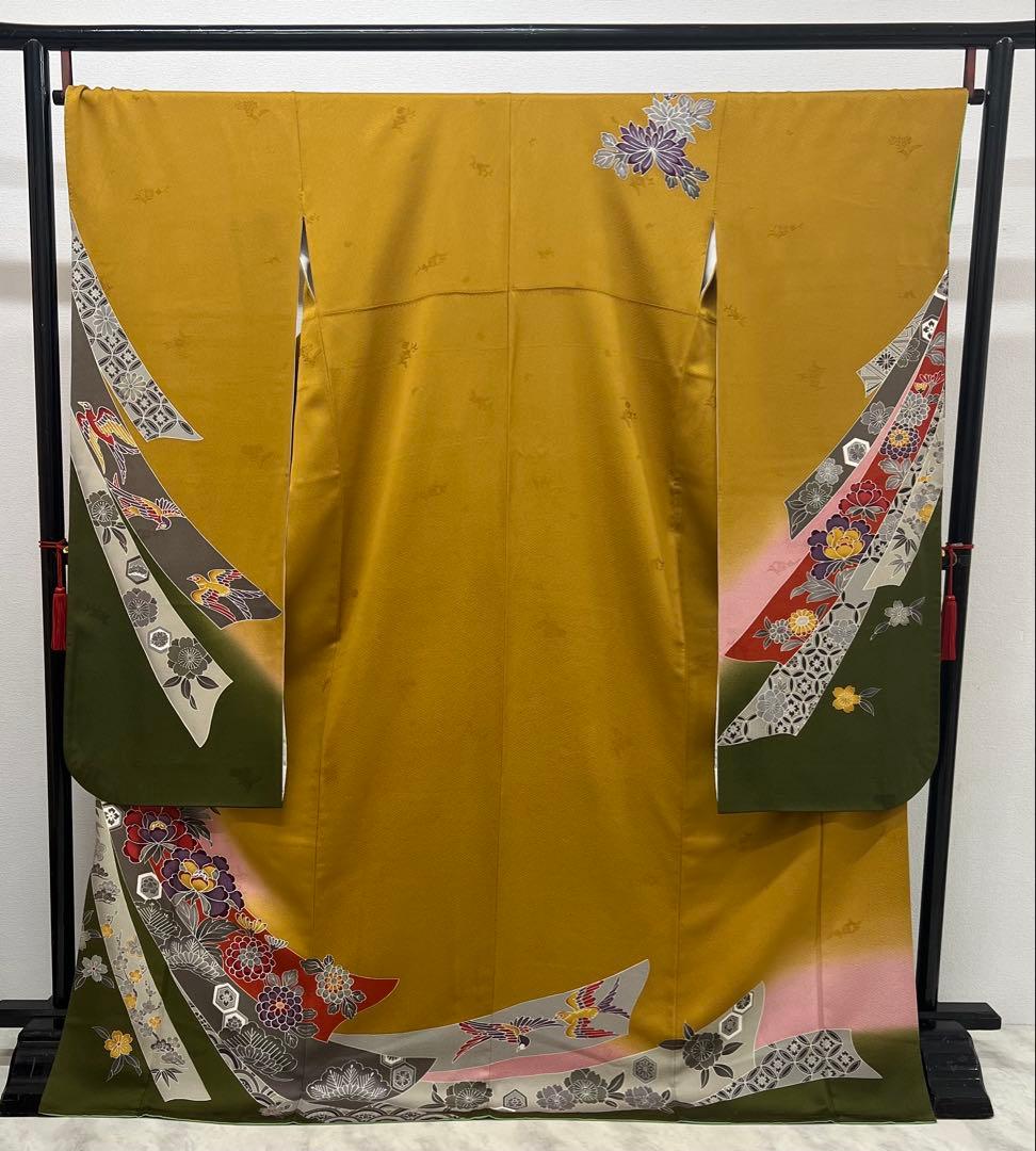 振り袖　フルセット　別誂長襦袢　美品　紅型　辛子色　成人式　結婚式　762