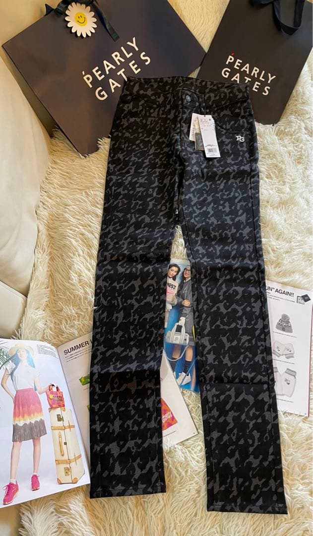 パーリーゲイツレディースハイパワーストレッチツイルレオパード千鳥柄パンツサイズ0
