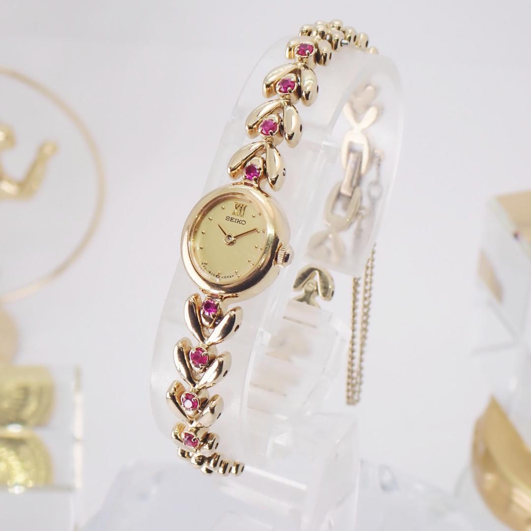 稼働★ セイコー レディース腕時計 ゴールド 赤石 ブレスレット 87年