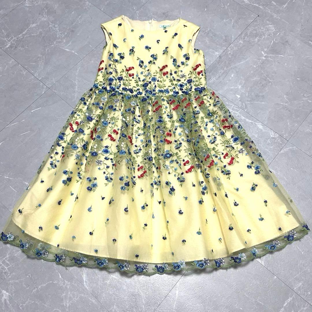 【fine】バンビーニ ドレス ワンピース 花柄 刺繍 黄色 ノースリーブ