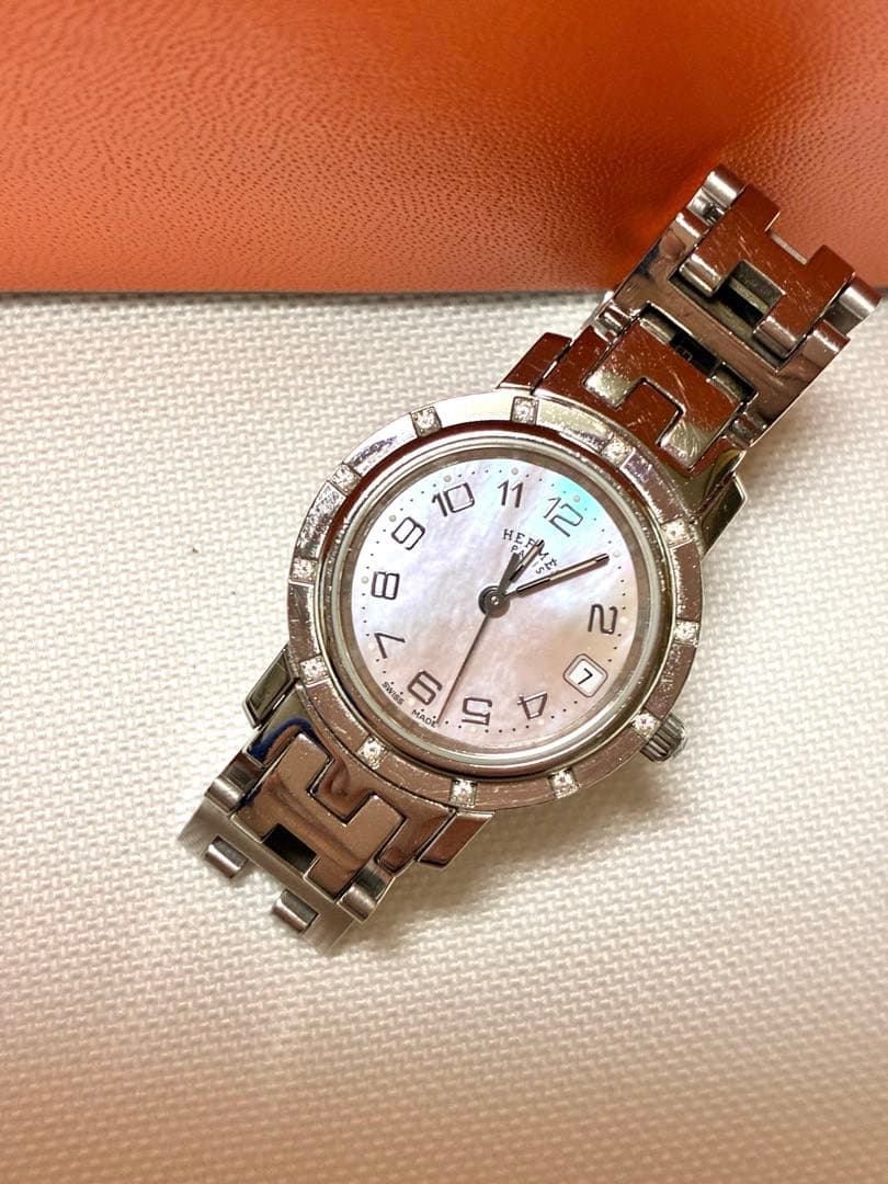 HERMES クォーツ腕時計 ピンクシェル文字盤