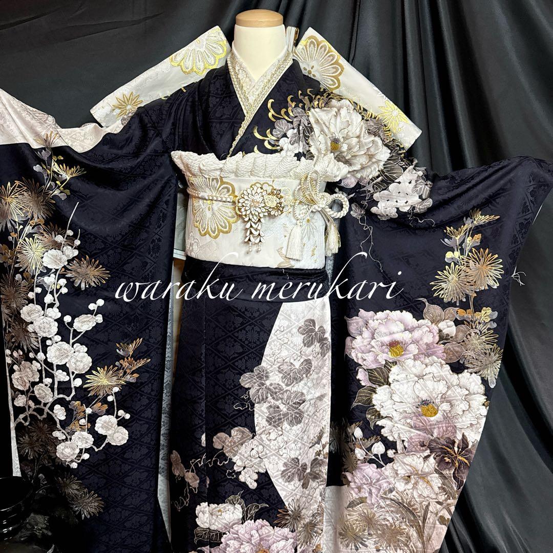 濃紺振袖◾️牡丹乱菊紋◾️古典柄◾️新品フルオーダー◾️正絹◾️金糸古典柄金糸袋帯◾️成人式