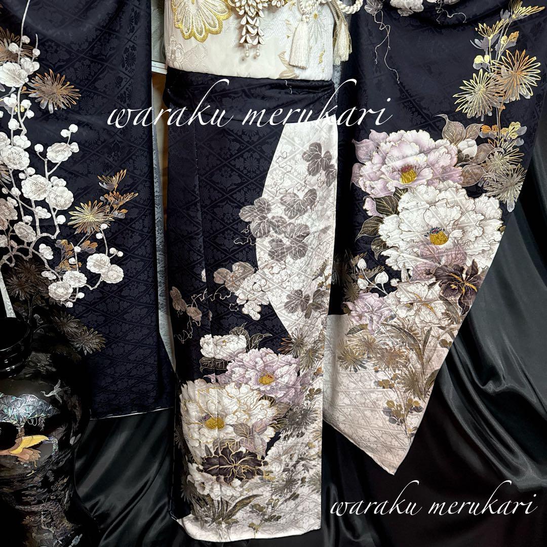 濃紺振袖◾️牡丹乱菊紋◾️古典柄◾️新品フルオーダー◾️正絹◾️金糸古典柄金糸袋帯◾️成人式
