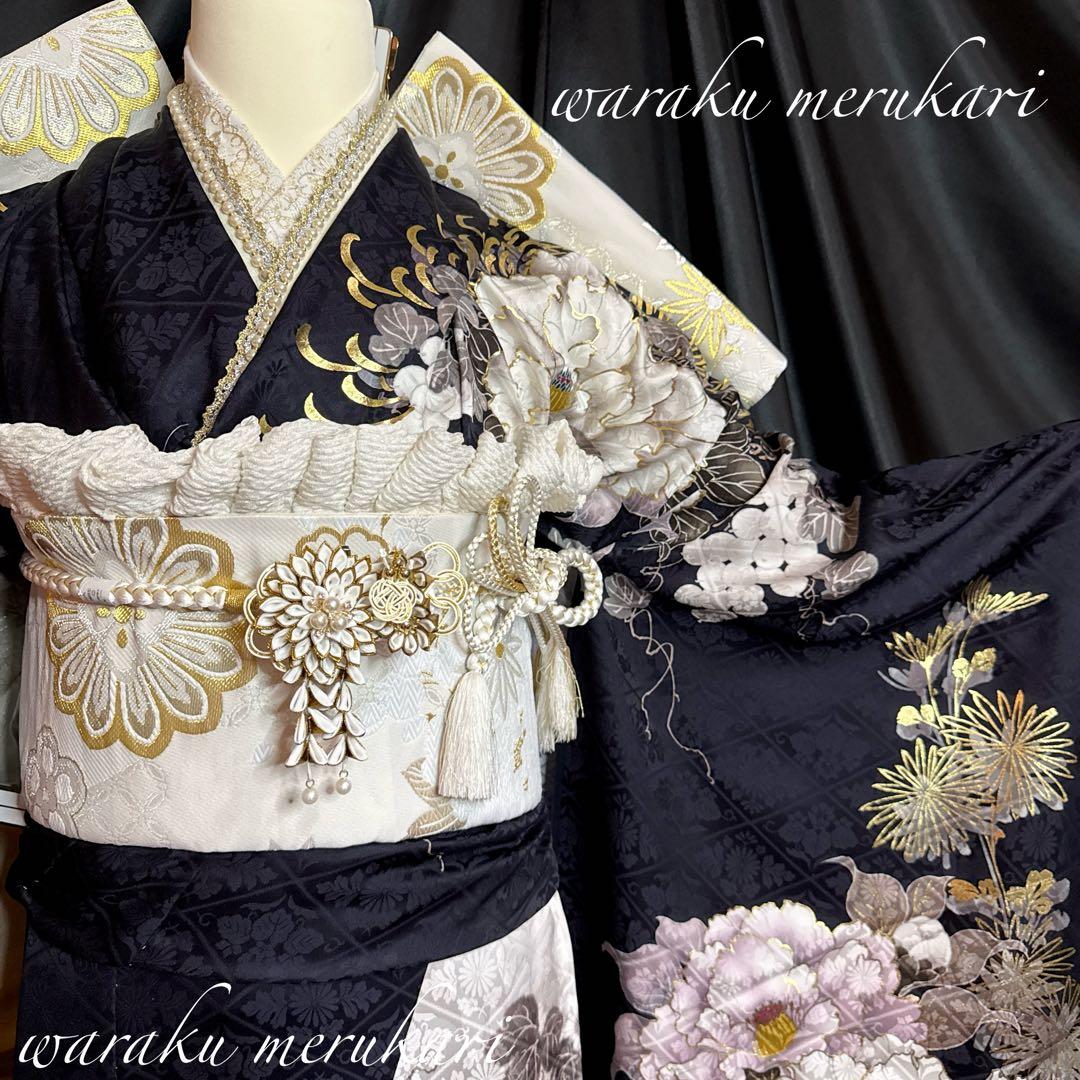 濃紺振袖◾️牡丹乱菊紋◾️古典柄◾️新品フルオーダー◾️正絹◾️金糸古典柄金糸袋帯◾️成人式