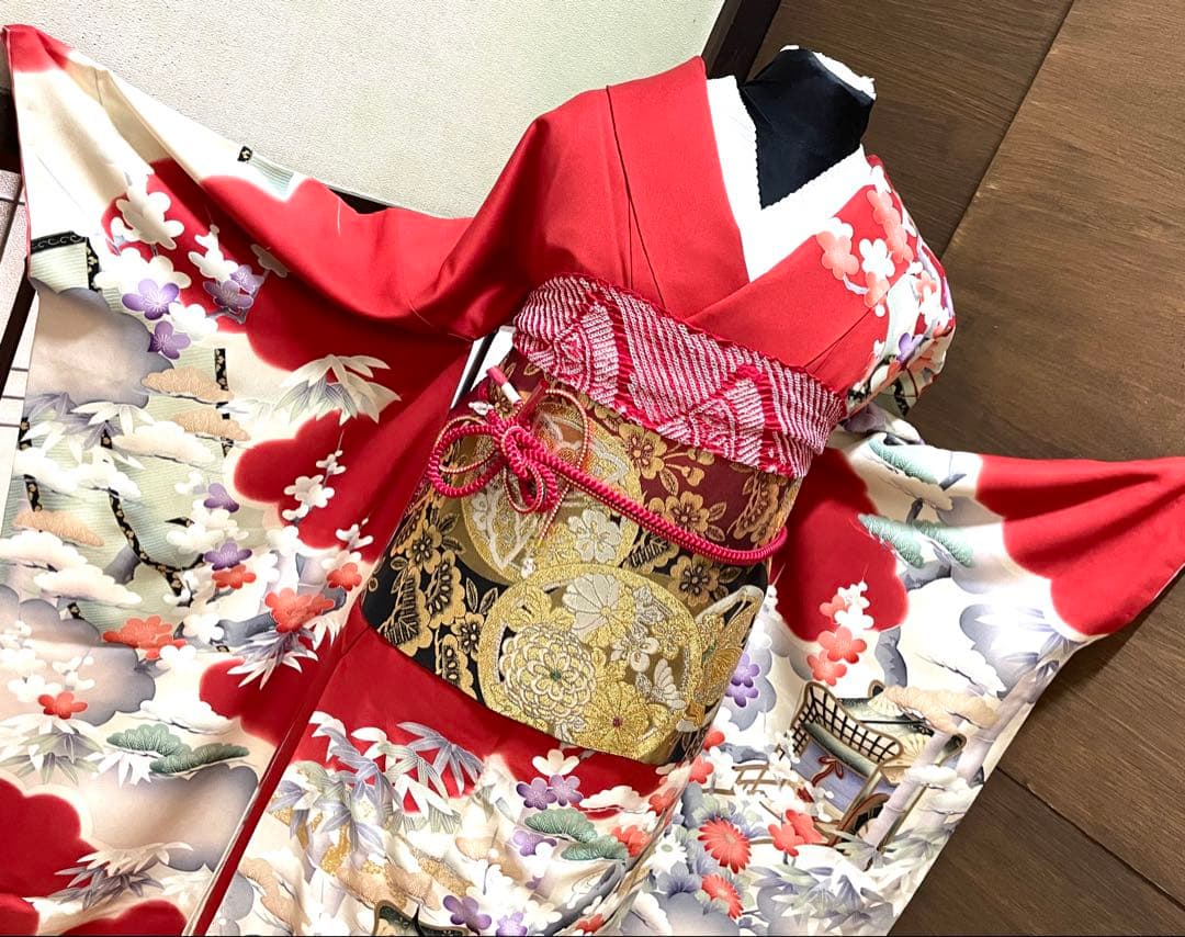 振袖フルセット6点サイズM〜Ｌサイズ御所車花文　松竹梅　暈し染め　金彩　正絹