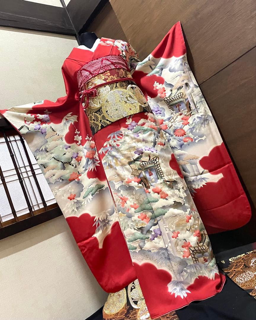 振袖フルセット6点サイズM〜Ｌサイズ御所車花文　松竹梅　暈し染め　金彩　正絹