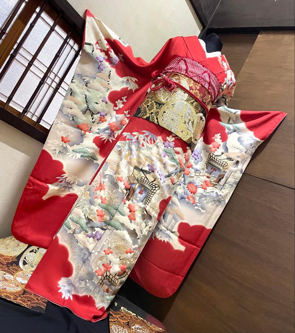 振袖フルセット6点サイズM〜Ｌサイズ御所車花文　松竹梅　暈し染め　金彩　正絹