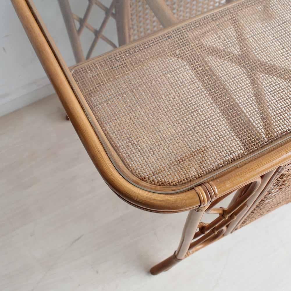 ビンテージ ラタンのカフェテーブル ガラス天板 籐 レトロ ZR24192