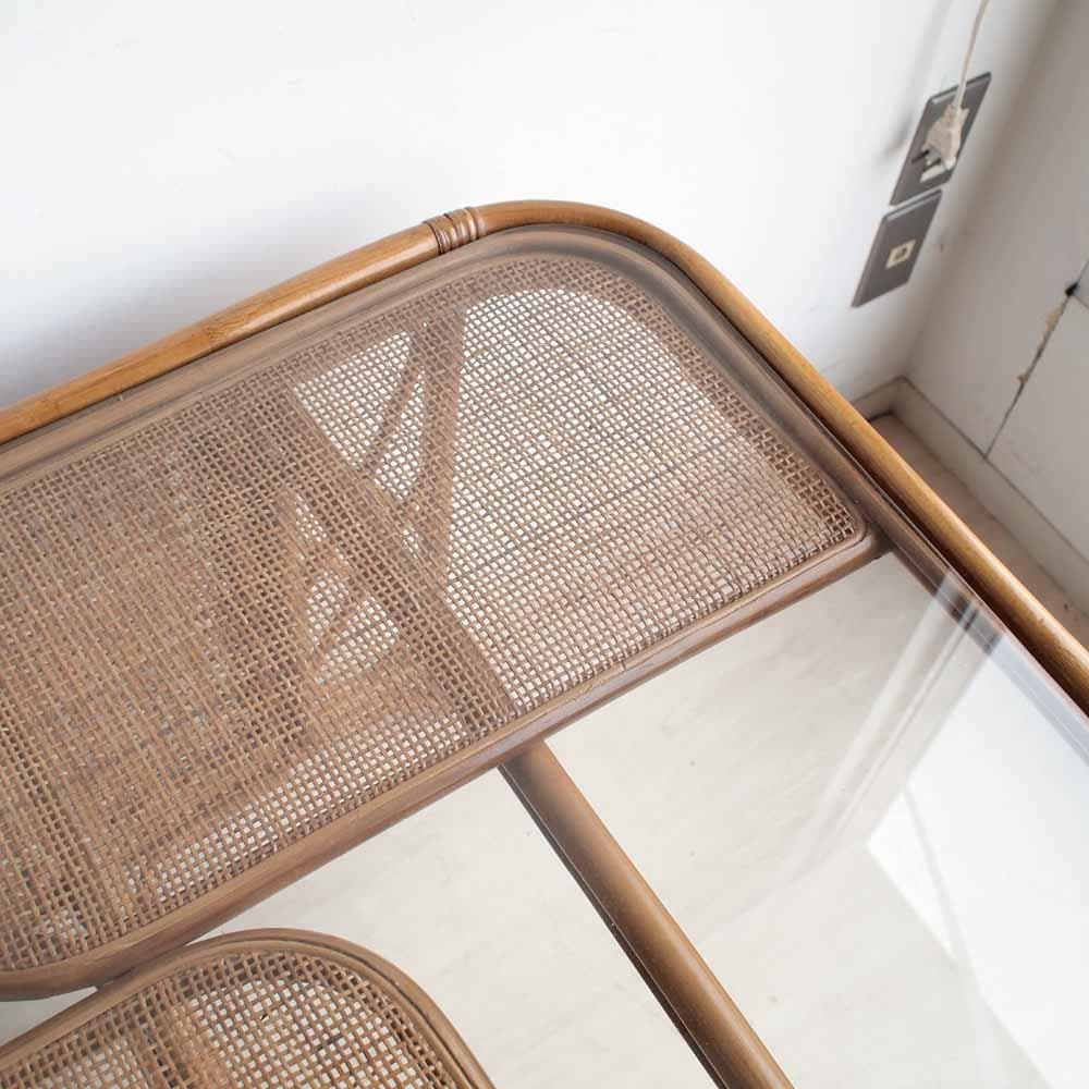 ビンテージ ラタンのカフェテーブル ガラス天板 籐 レトロ ZR24192