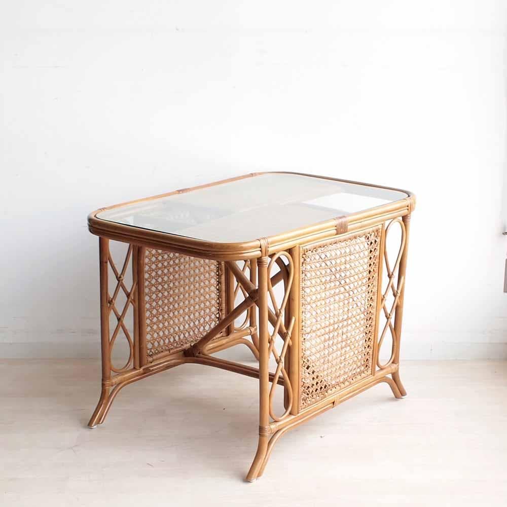 ビンテージ ラタンのカフェテーブル ガラス天板 籐 レトロ ZR24192