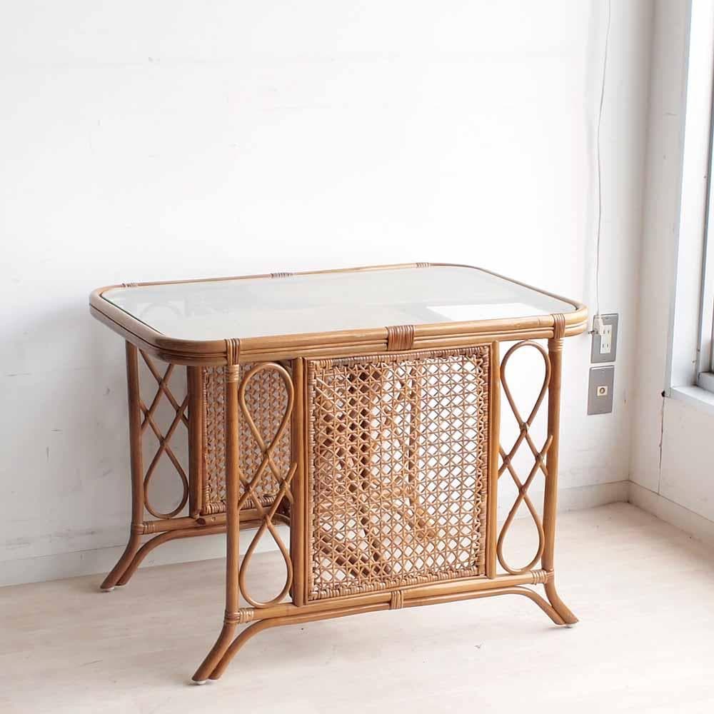 ビンテージ ラタンのカフェテーブル ガラス天板 籐 レトロ ZR24192