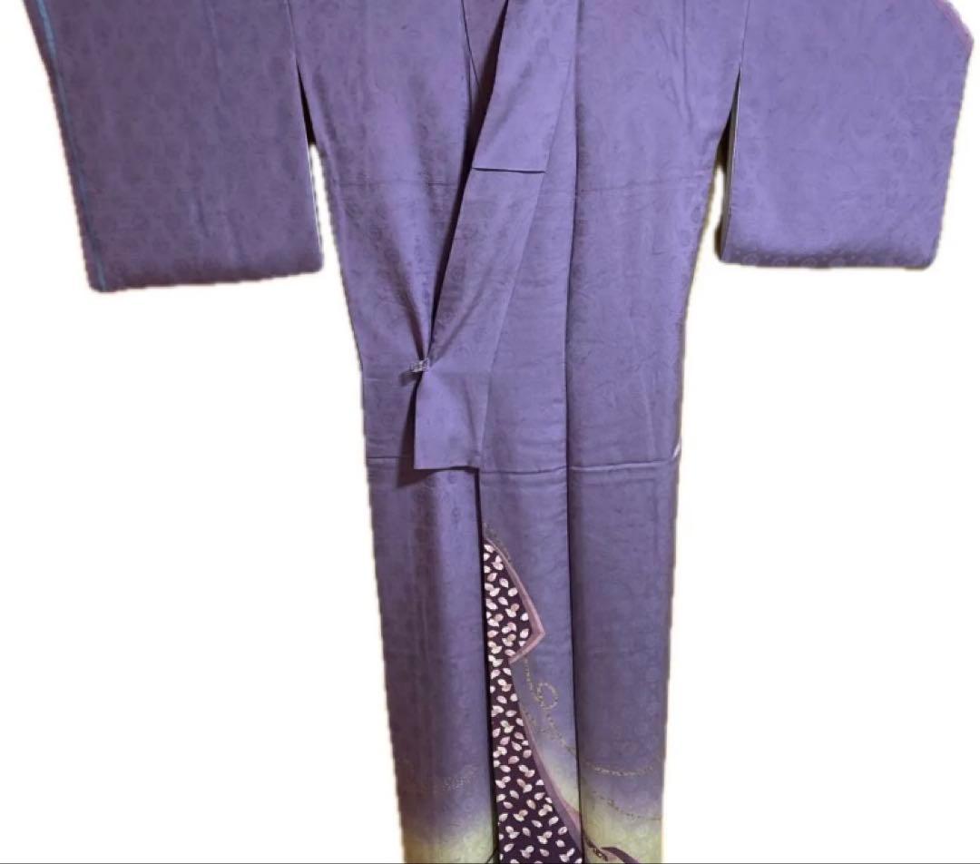 訪問着　地紋に墨流し染　桜花びら　月に金彩