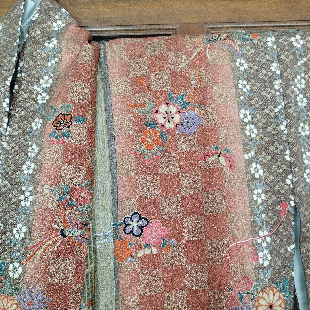 着物 小紋 朱色と緑色市松模様 花柄 和風 レトロ 可愛い