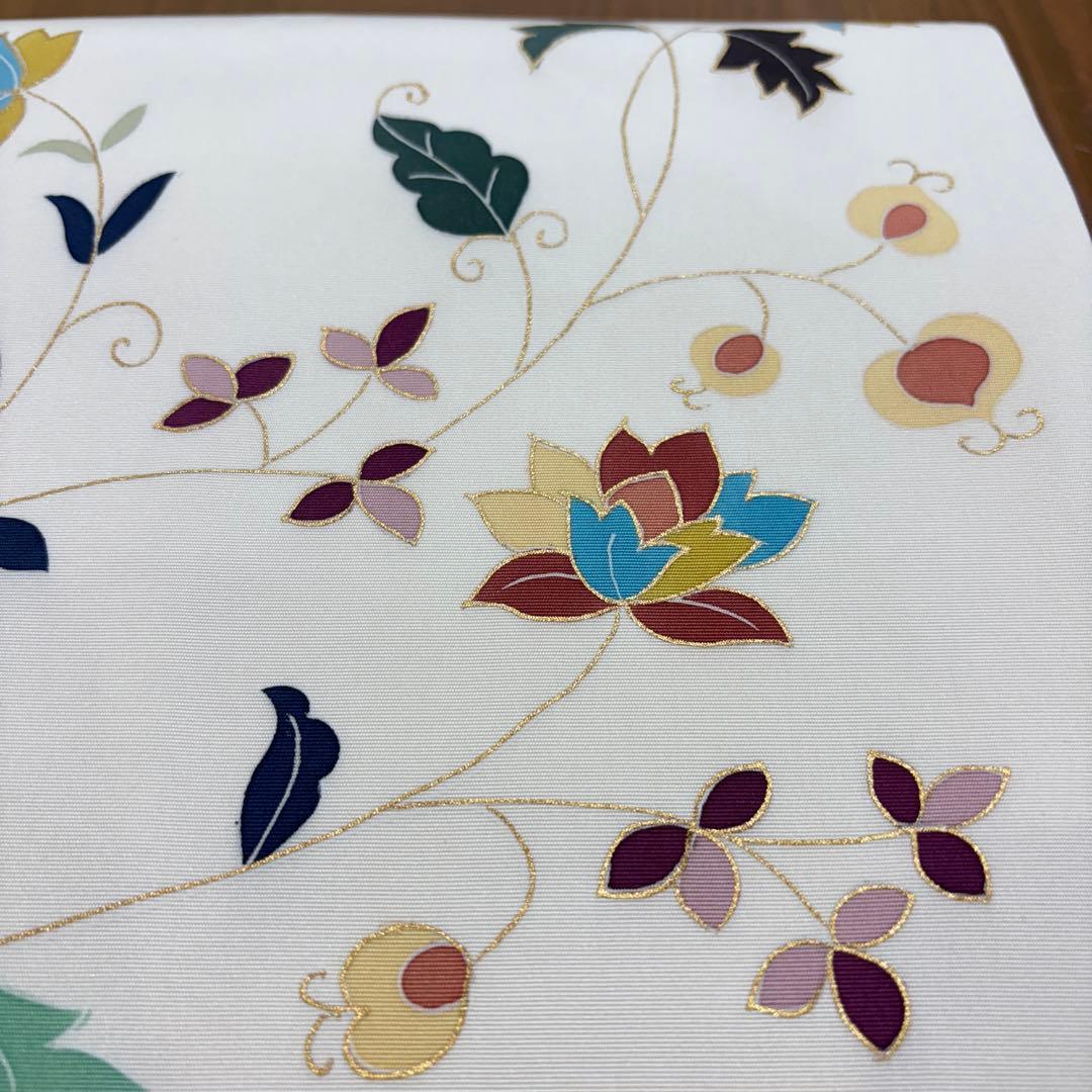 名古屋帯　塩瀬　白地に唐花　九寸名古屋帯　長さ374 仕立て上がり　o1583