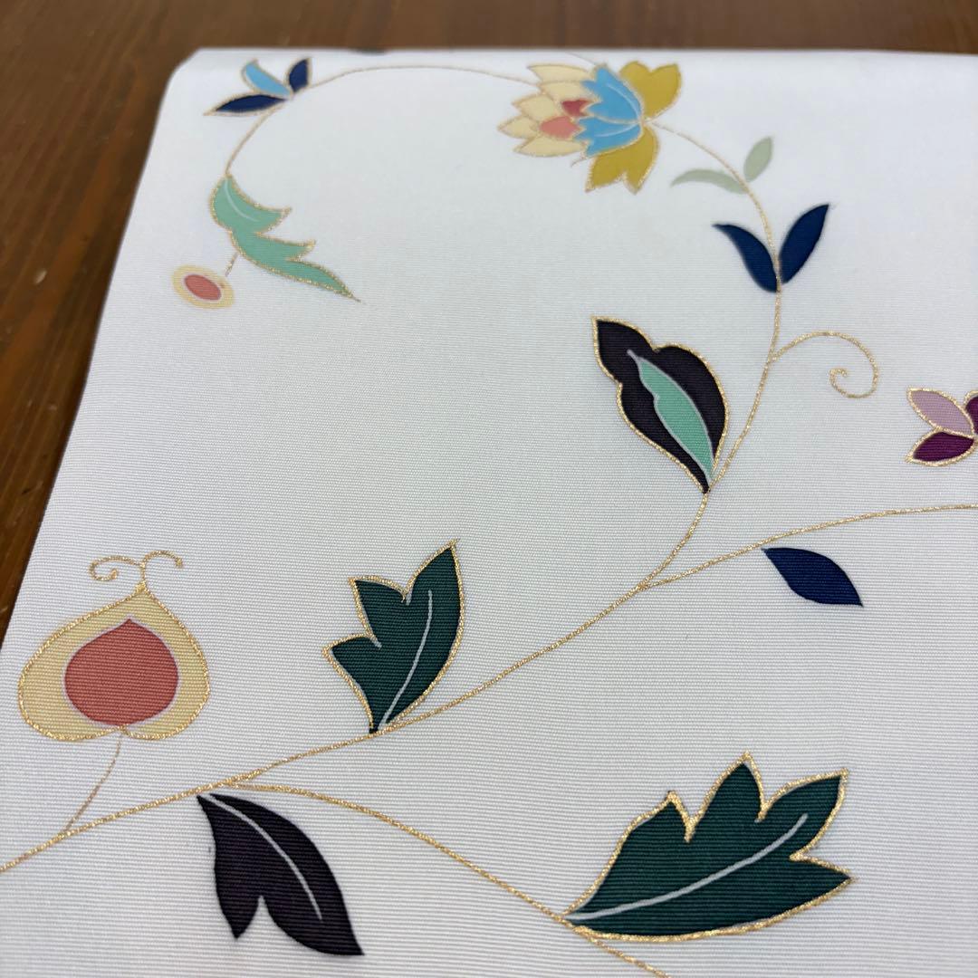 名古屋帯　塩瀬　白地に唐花　九寸名古屋帯　長さ374 仕立て上がり　o1583