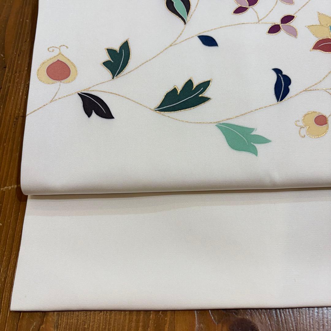 名古屋帯　塩瀬　白地に唐花　九寸名古屋帯　長さ374 仕立て上がり　o1583