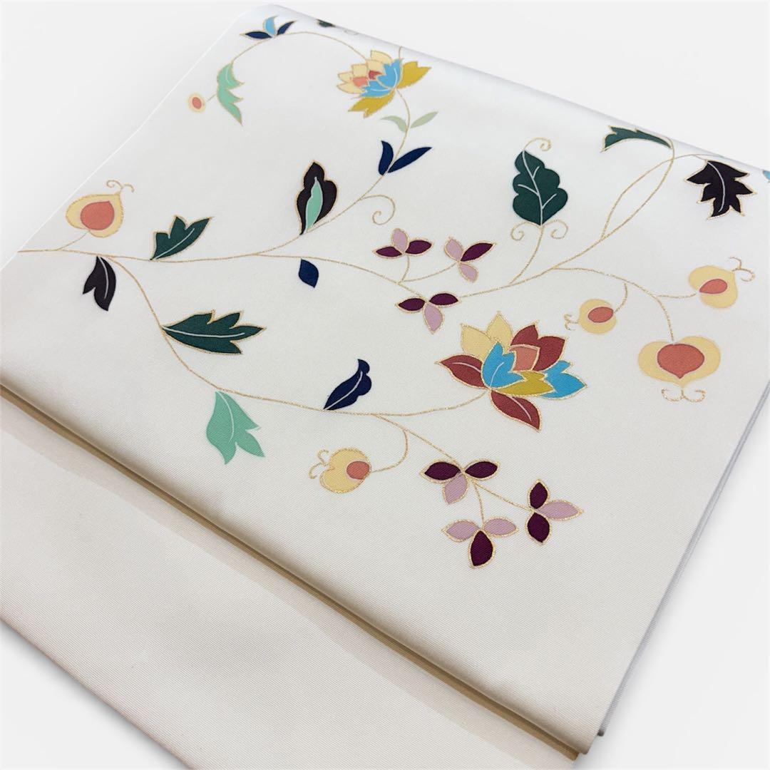 名古屋帯　塩瀬　白地に唐花　九寸名古屋帯　長さ374 仕立て上がり　o1583