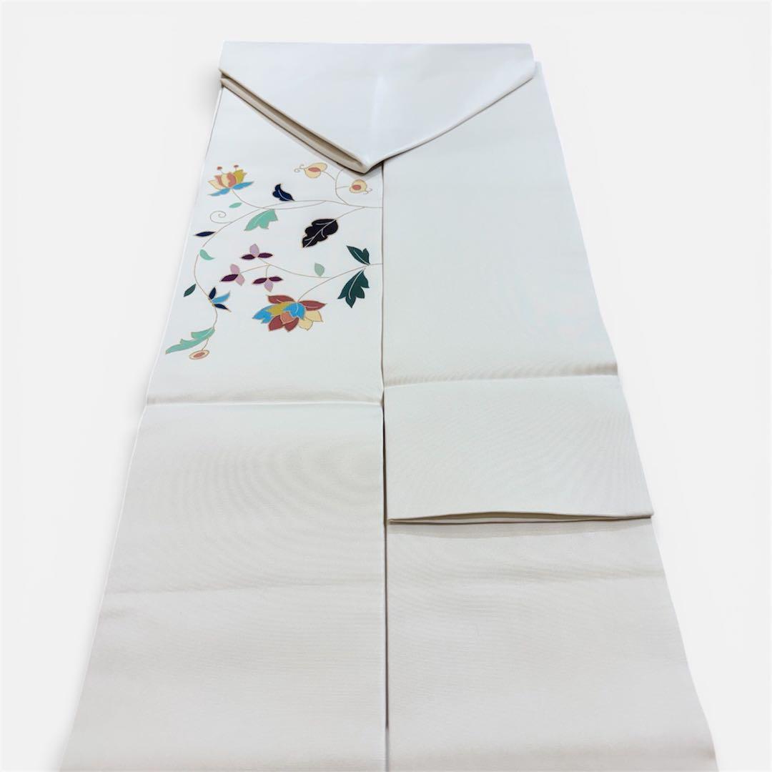 名古屋帯　塩瀬　白地に唐花　九寸名古屋帯　長さ374 仕立て上がり　o1583