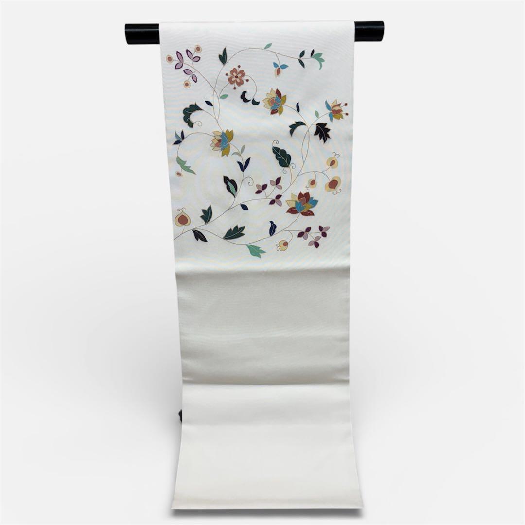 名古屋帯　塩瀬　白地に唐花　九寸名古屋帯　長さ374 仕立て上がり　o1583