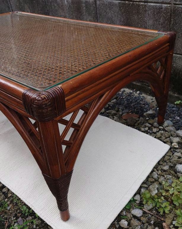 ラタン ガラス テーブル 座卓 卓袱台 机 藤 籐 木製 アンティーク レトロ