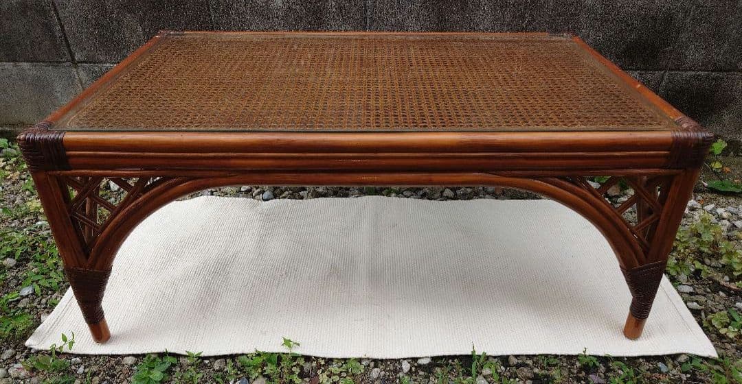 ラタン ガラス テーブル 座卓 卓袱台 机 藤 籐 木製 アンティーク レトロ