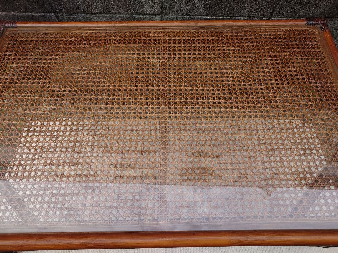 ラタン ガラス テーブル 座卓 卓袱台 机 藤 籐 木製 アンティーク レトロ