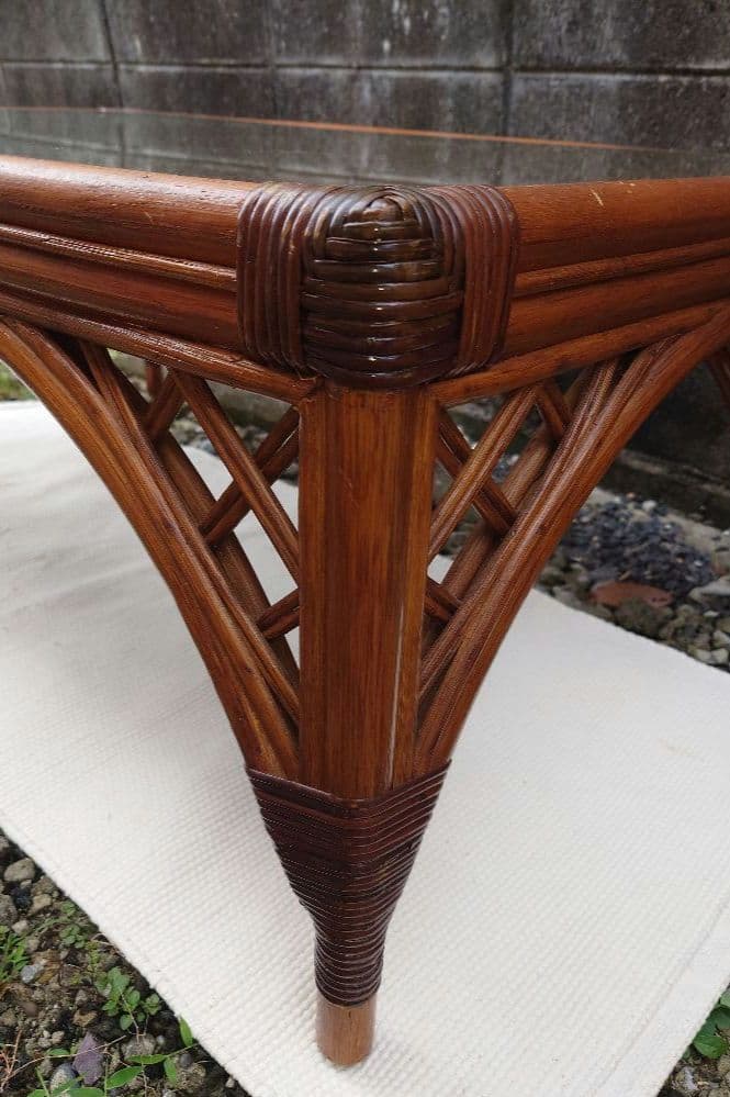 ラタン ガラス テーブル 座卓 卓袱台 机 藤 籐 木製 アンティーク レトロ