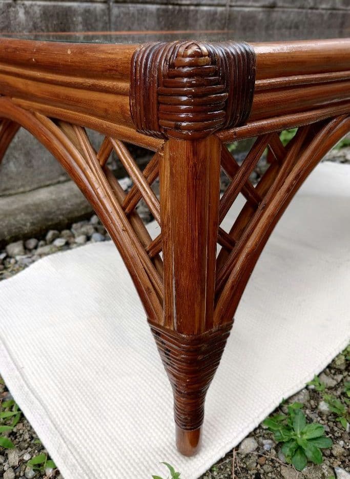 ラタン ガラス テーブル 座卓 卓袱台 机 藤 籐 木製 アンティーク レトロ