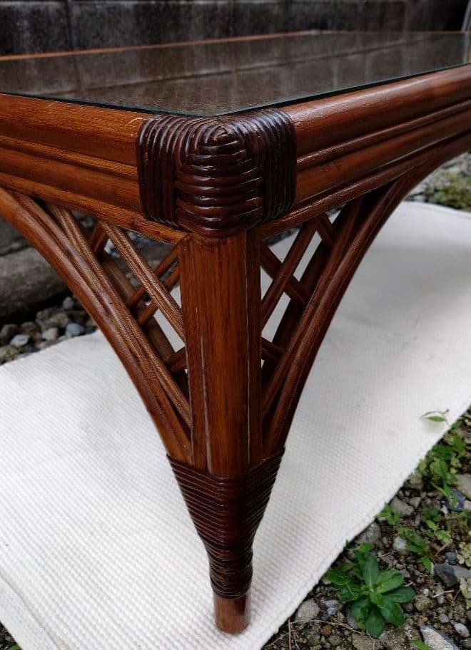 ラタン ガラス テーブル 座卓 卓袱台 机 藤 籐 木製 アンティーク レトロ