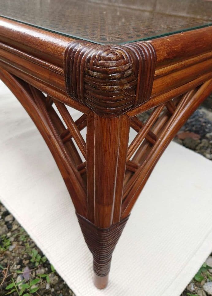 ラタン ガラス テーブル 座卓 卓袱台 机 藤 籐 木製 アンティーク レトロ