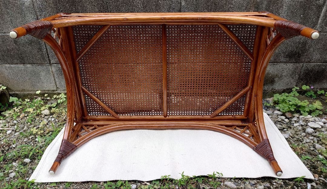 ラタン ガラス テーブル 座卓 卓袱台 机 藤 籐 木製 アンティーク レトロ