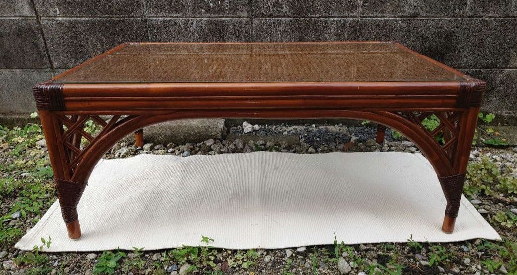 ラタン ガラス テーブル 座卓 卓袱台 机 藤 籐 木製 アンティーク レトロ