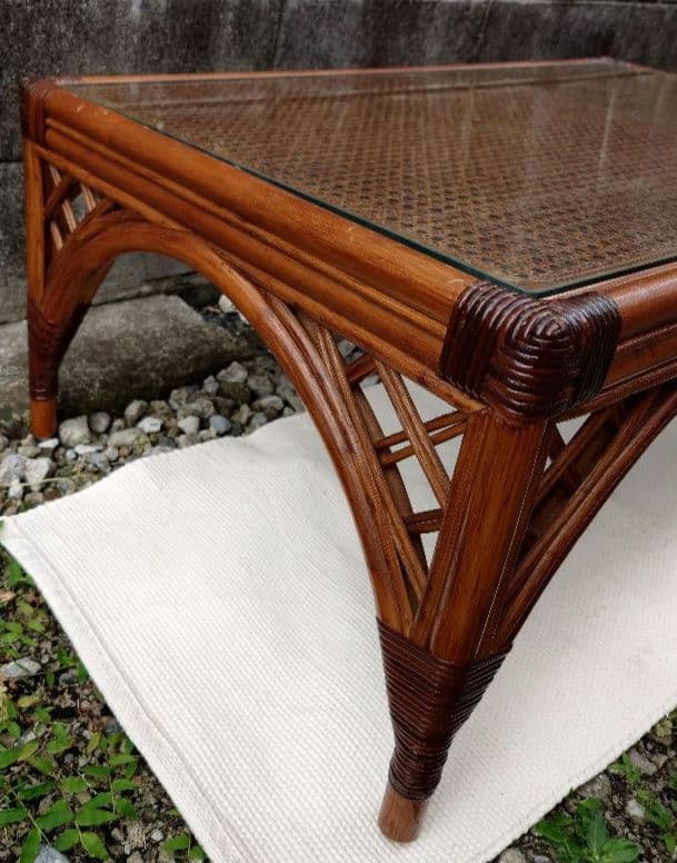 ラタン ガラス テーブル 座卓 卓袱台 机 藤 籐 木製 アンティーク レトロ