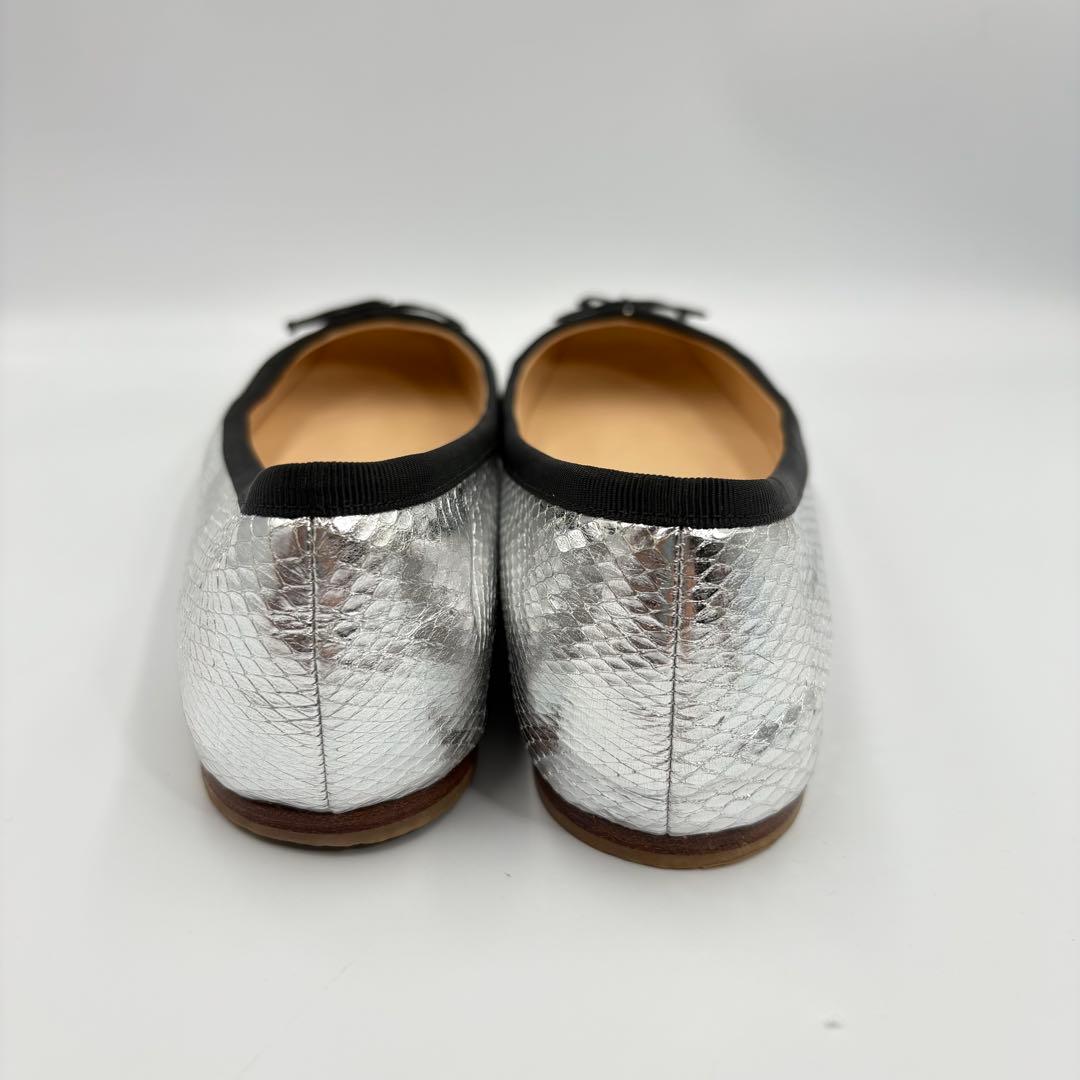 クリスチャンルブタン バレエシューズ 37.5 シルバー パイソン型押し リボン