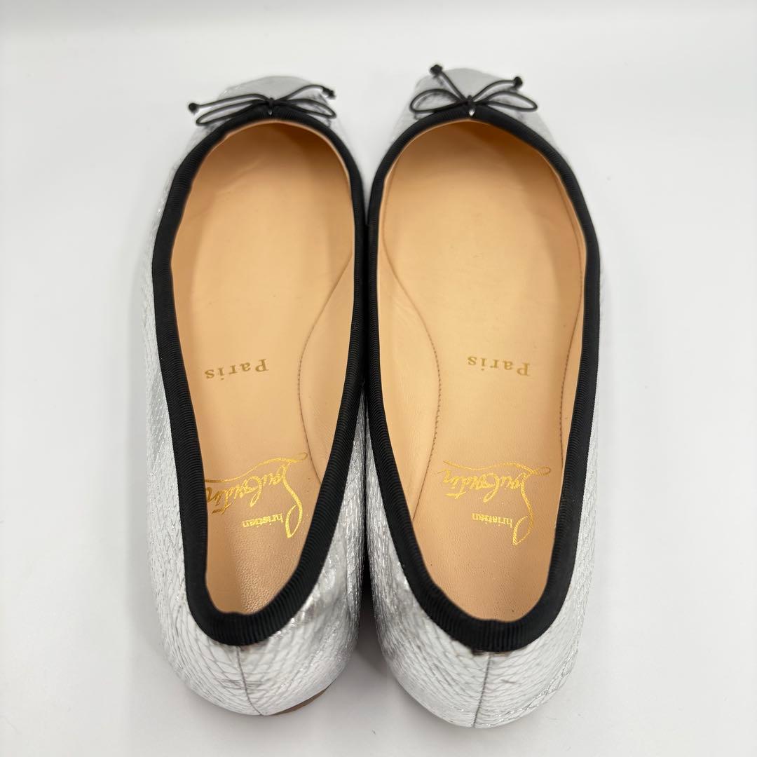 クリスチャンルブタン バレエシューズ 37.5 シルバー パイソン型押し リボン