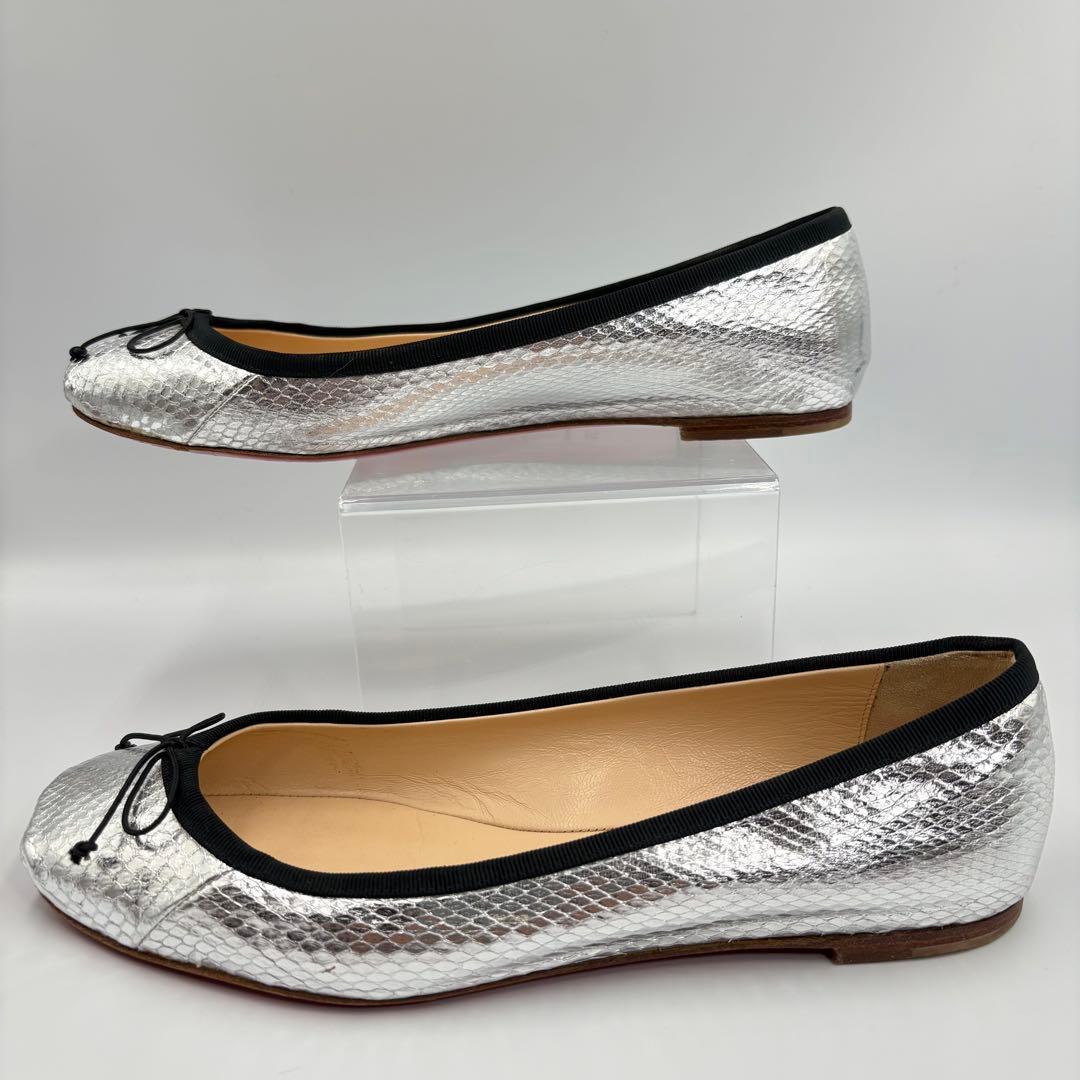 クリスチャンルブタン バレエシューズ 37.5 シルバー パイソン型押し リボン