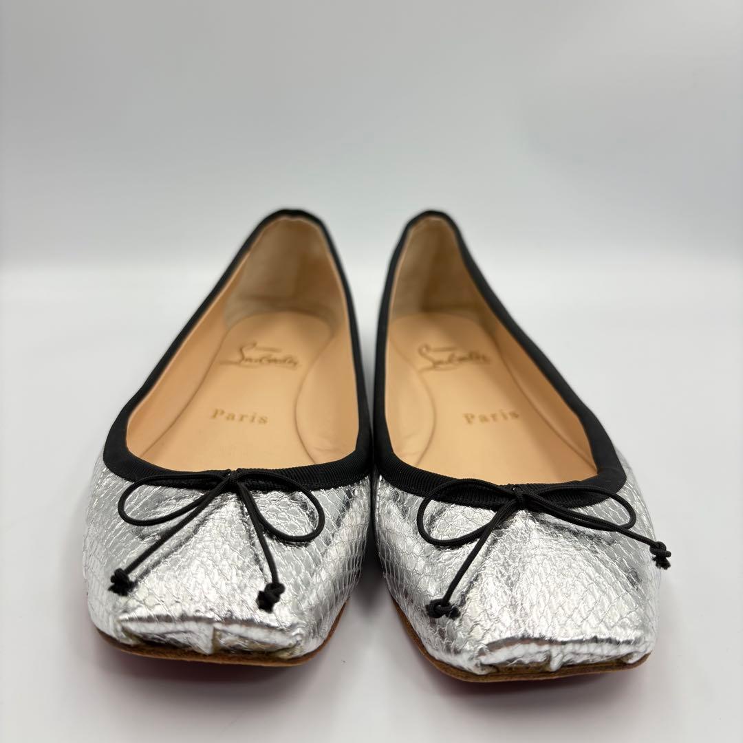 クリスチャンルブタン バレエシューズ 37.5 シルバー パイソン型押し リボン