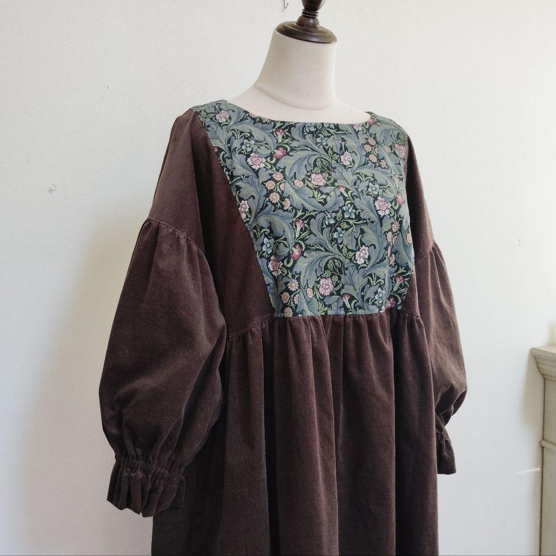 handmadeウィリアムモリス✕コーデュロイ茶ワンピース長袖free
