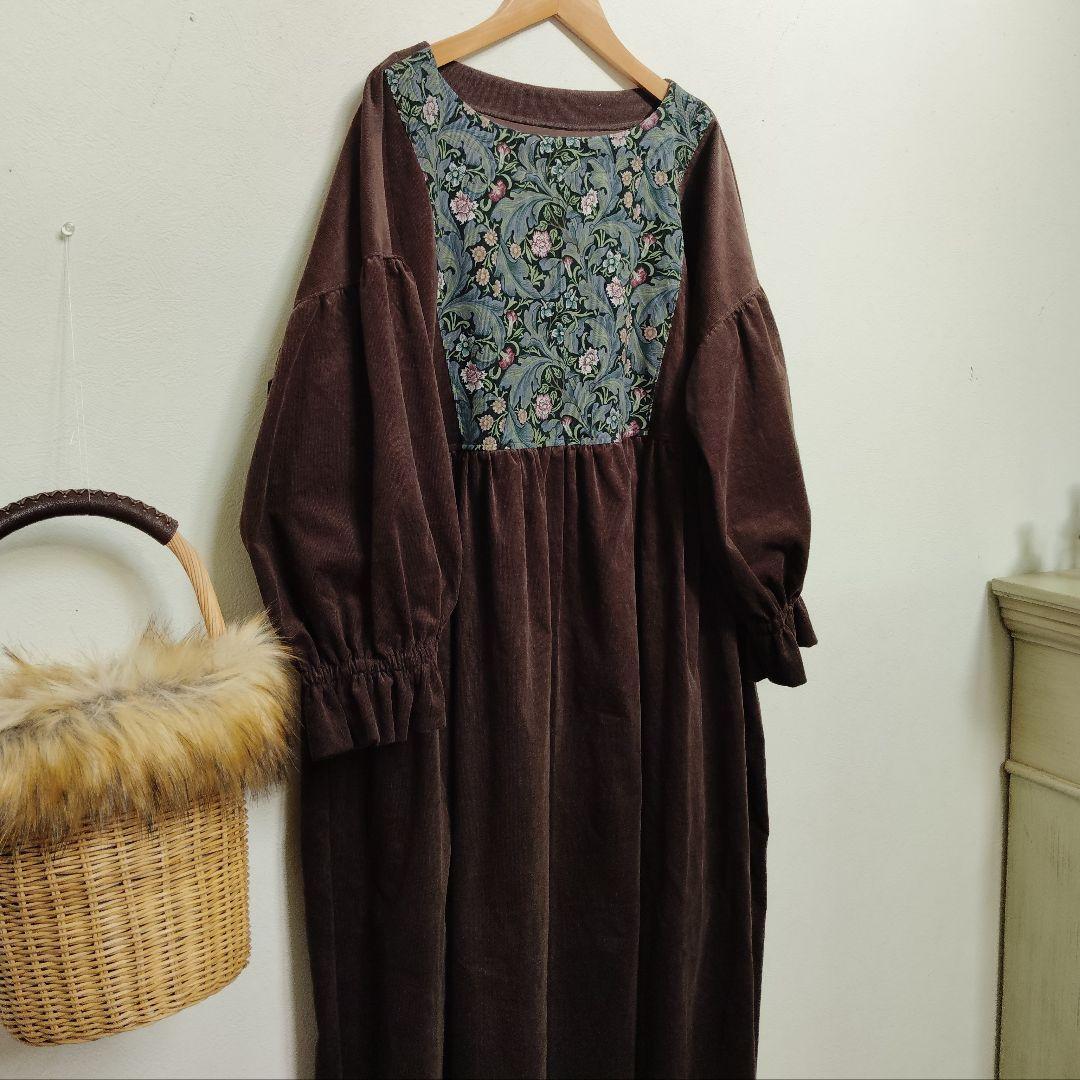 handmadeウィリアムモリス✕コーデュロイ茶ワンピース長袖free