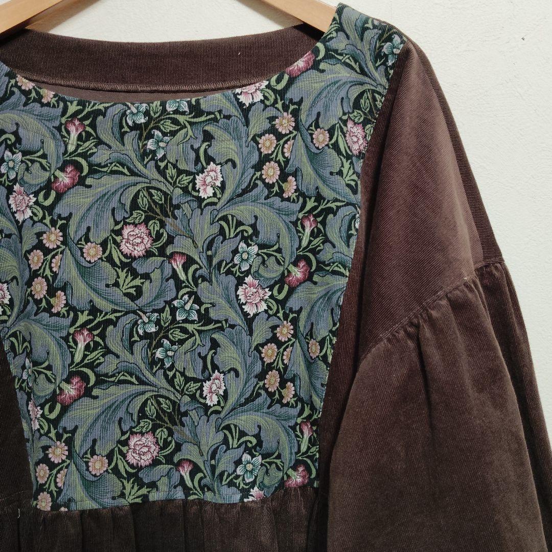 handmadeウィリアムモリス✕コーデュロイ茶ワンピース長袖free