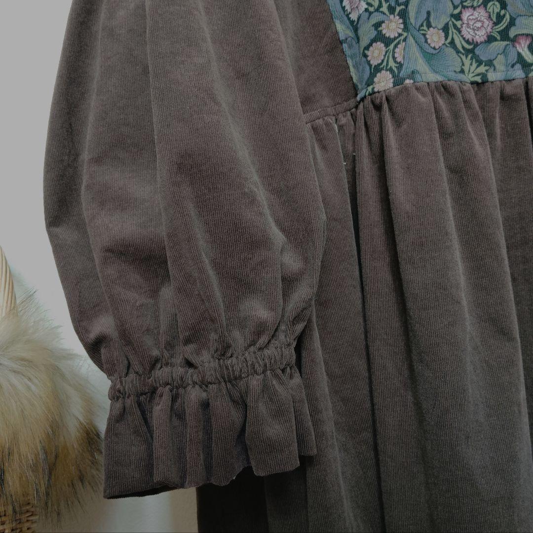 handmadeウィリアムモリス✕コーデュロイ茶ワンピース長袖free