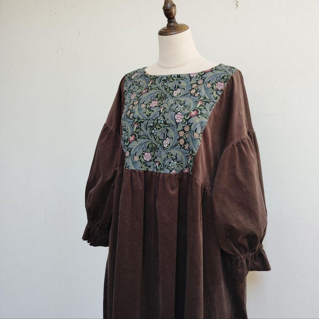 handmadeウィリアムモリス✕コーデュロイ茶ワンピース長袖free