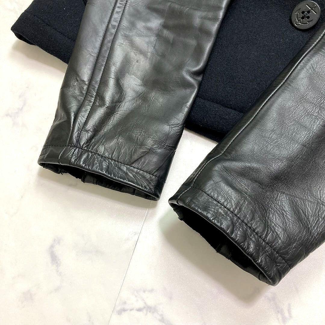 AVIREX メンズ メルトンウール ピーコート 袖レザー切替 キルティング L