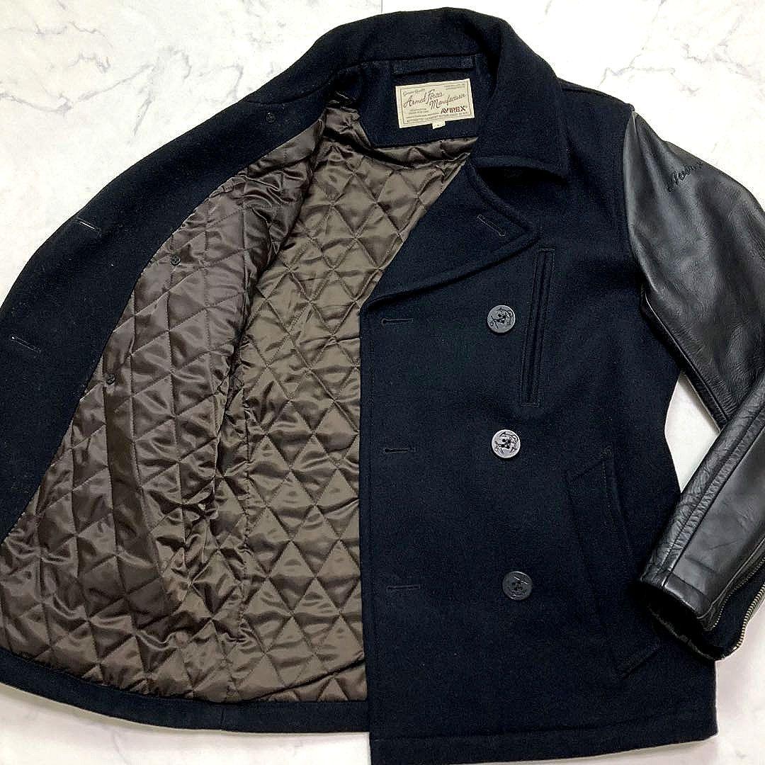 AVIREX メンズ メルトンウール ピーコート 袖レザー切替 キルティング L