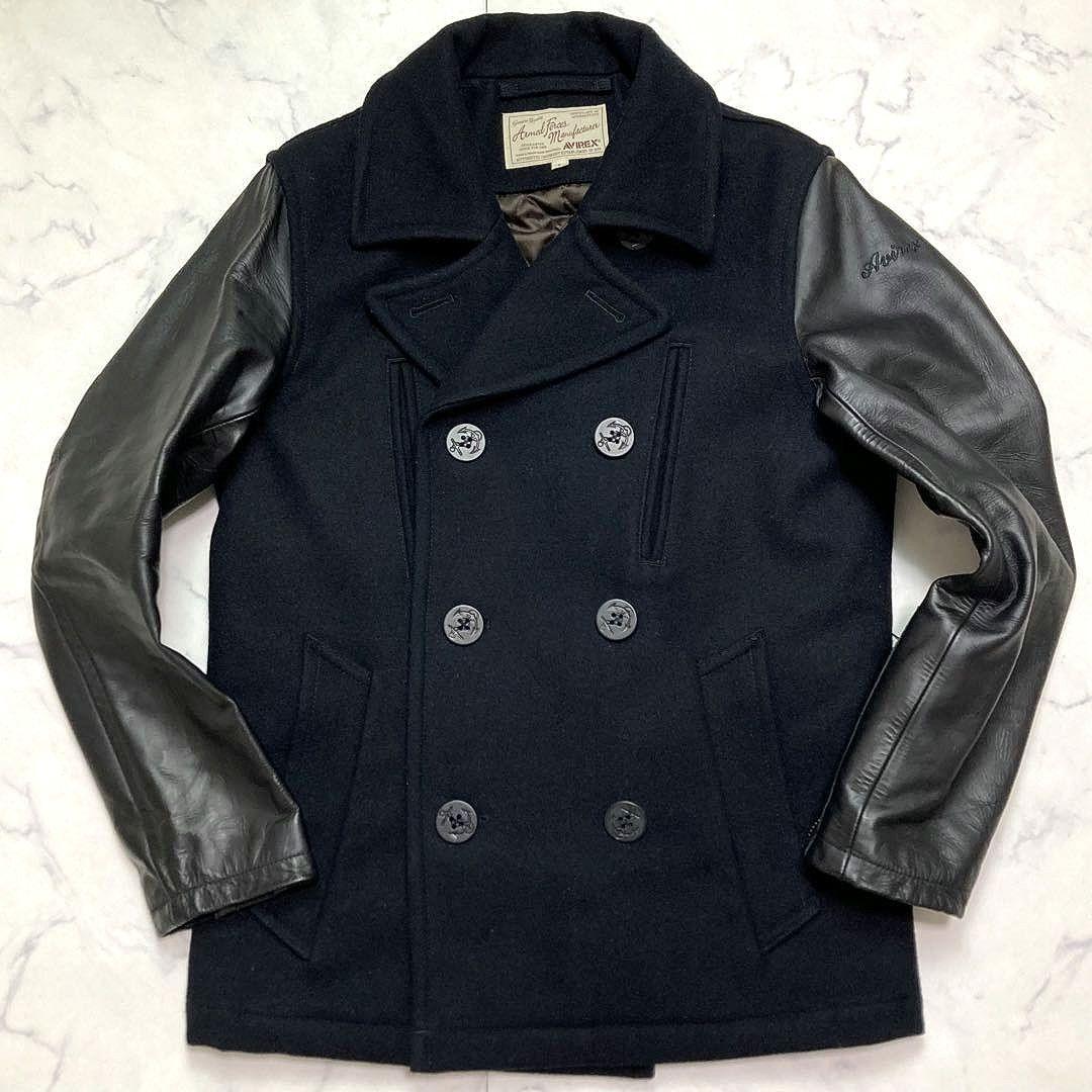 AVIREX メンズ メルトンウール ピーコート 袖レザー切替 キルティング L