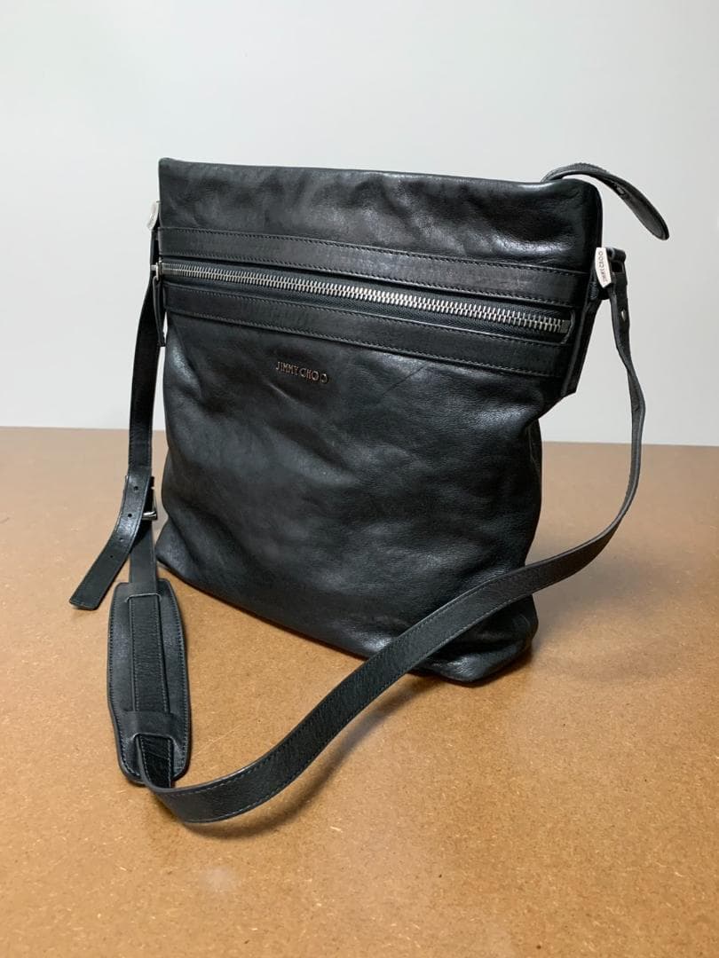 [JIMMY CHOO] フロントロゴ レザーショルダーバッグ 本革 ブラック