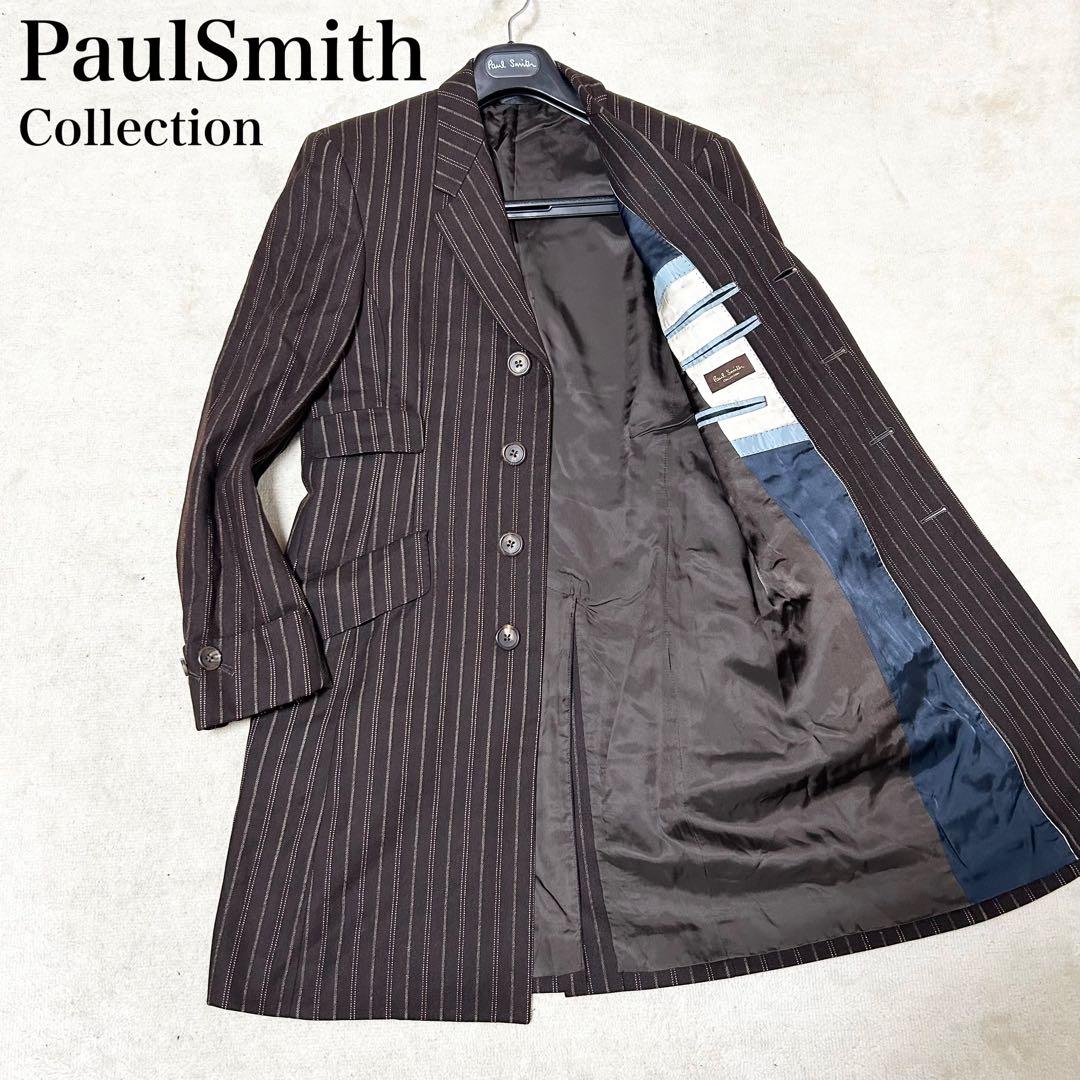 美品　ポールスミスコレクション　ウールチェスターコート　ブラウン　ストライプ