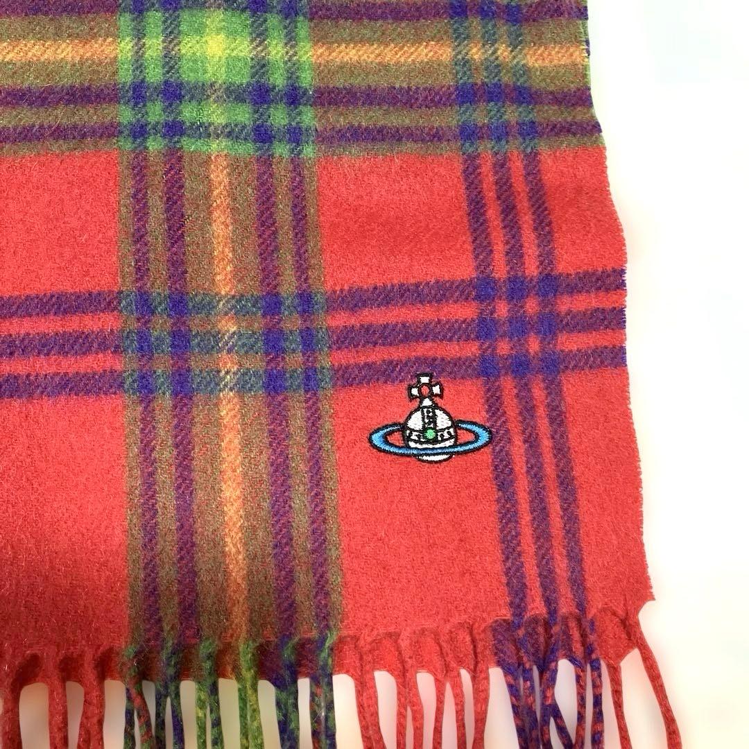 ヴィヴィアンウエストウッド☆赤チェック柄　オーブマフラー　刺繍ロゴ