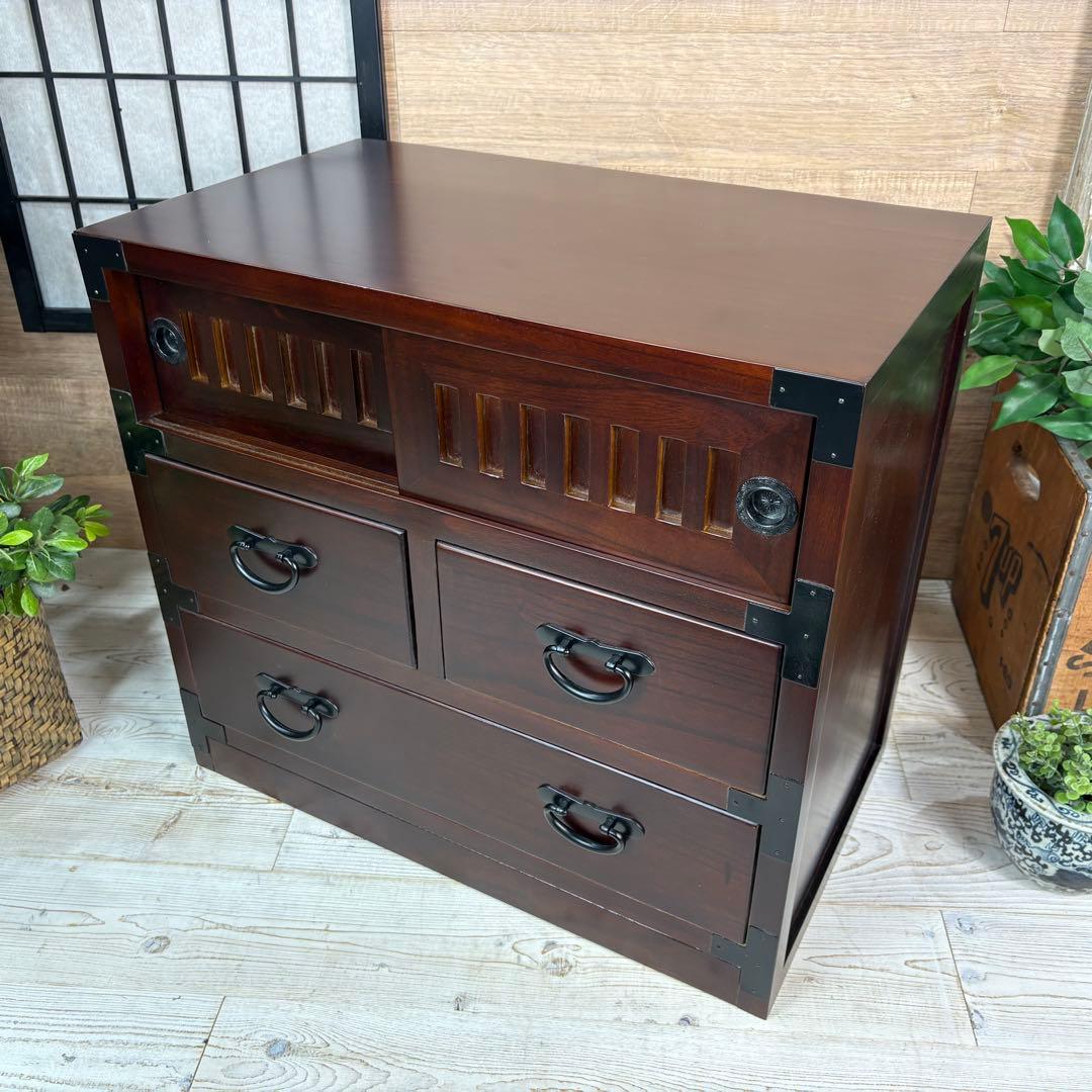 訳あり品！【115】民芸木製桐材天然無垢和箪笥引き戸付き収納家具和タンス飾り棚