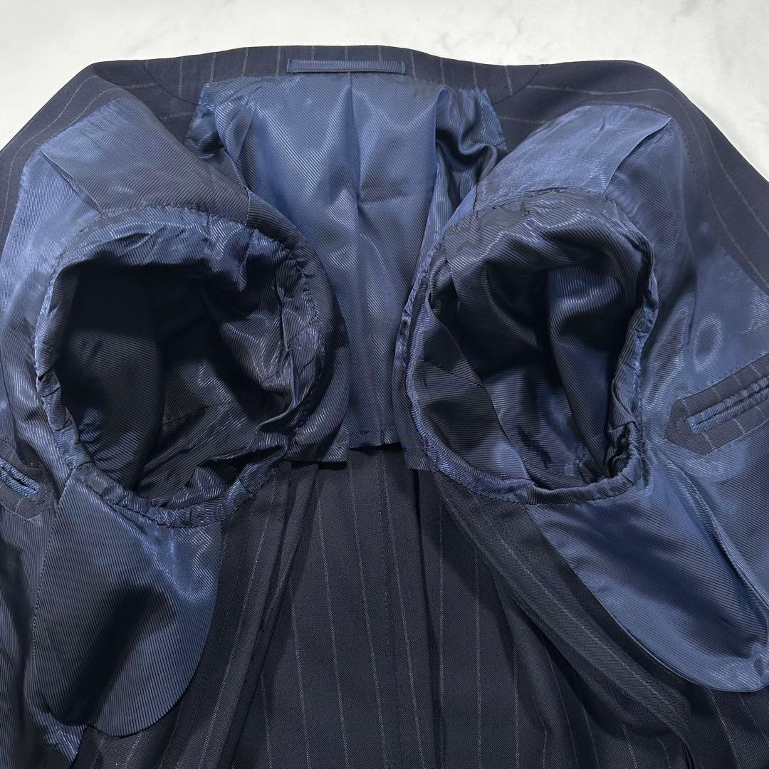 極美品◎ブリッラ ワイドストライプ ウールテーラードジャケット 本切羽 紺 44